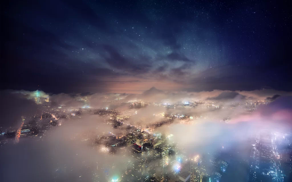 Cityscape Night Sky Stars Clouds Illuminated Buildings