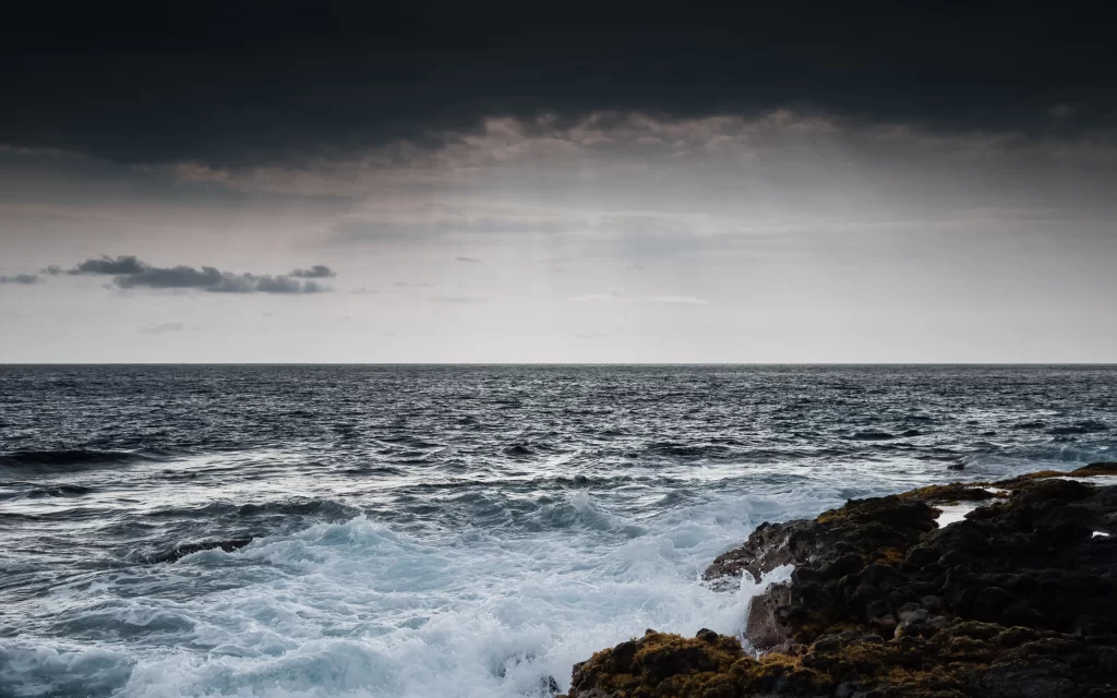 Stormy Sea Dark Clouds Rough Waves Rocky Shoreline