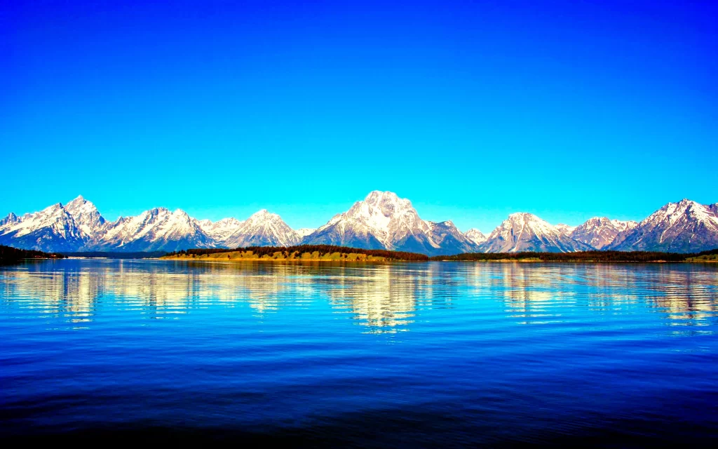 Snowy Mountains Clear Sky Blue Water Reflection