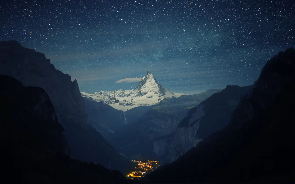 Starry Sky Mountain Snowy Peaks Valley Town Lights