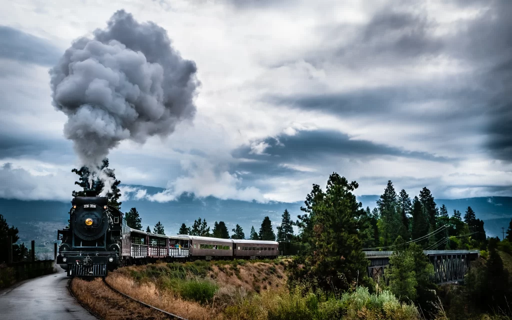 Steam Train Cloudy Sky Mountains Trees Bridge