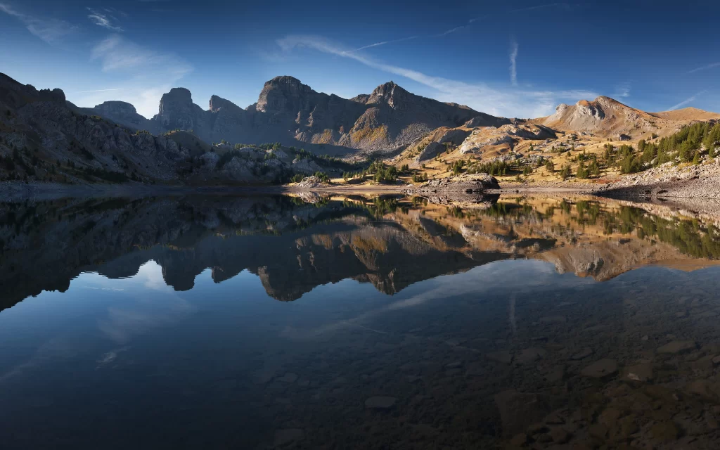 Mountain Peaks Clear Sky Reflection Lake Rocky Terrain