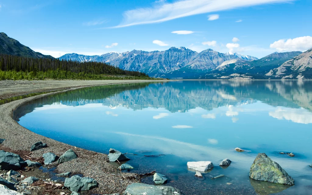 Mountain Lake Reflection Clear Sky Rocky Shore