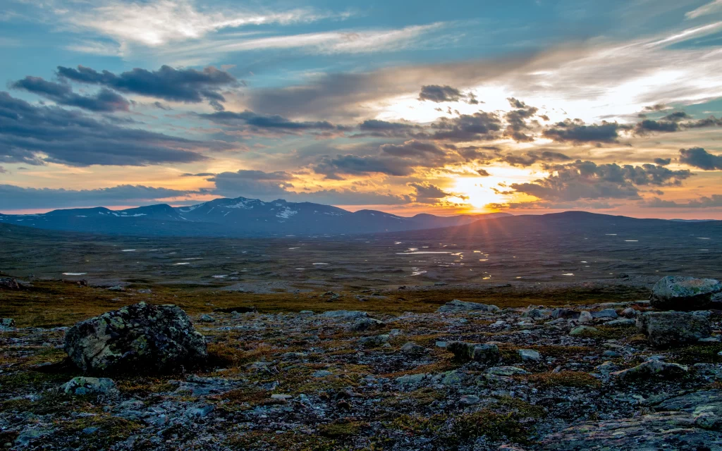 Sunset Mountain Range Clouds Rocky Terrain