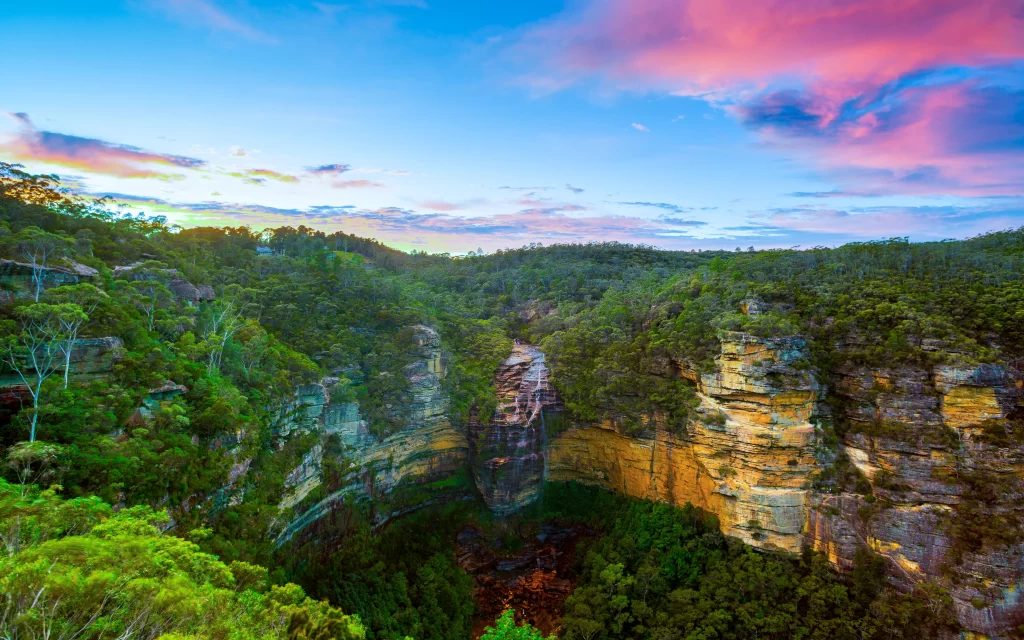 Sunset Canyon Lush Forest Rocky Cliffs Waterfall