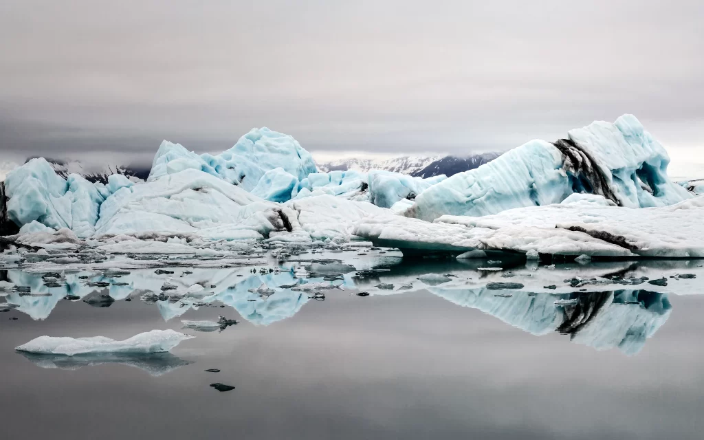 Icebergs Glacier Reflections Calm Water Snow