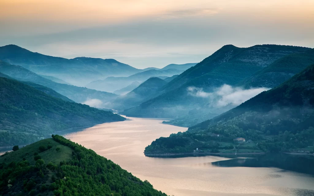 Mountain Range River Mist Forest Dawn