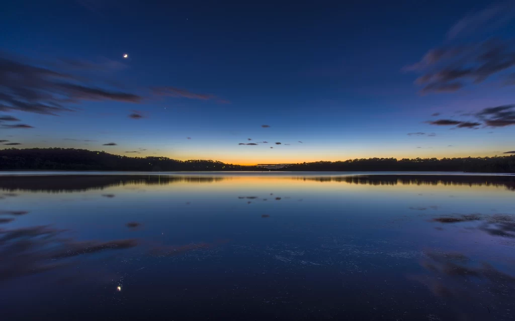 Twilight Lake Reflections Clouds Moon