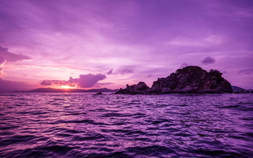 Sunset Purple Sky Ocean Waves Rocky Island