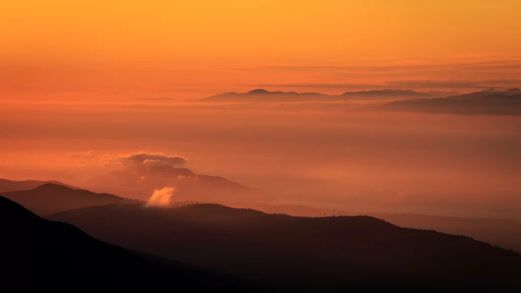Sunset Mountain Range Misty Peaks Golden Sky