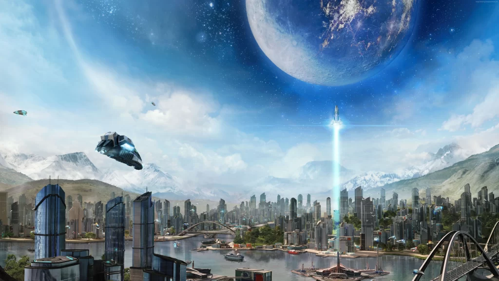 Futuristic Cityscape Spacecraft Mountains River
