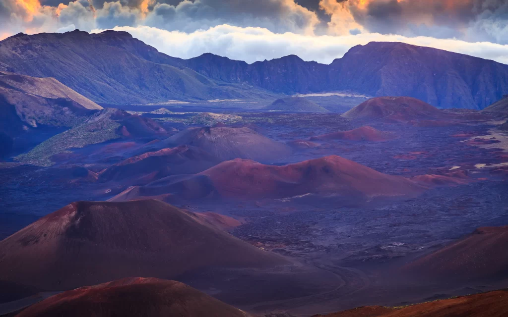 Volcanic Landscape Majestic Peaks Dramatic Sky Earthy Tones