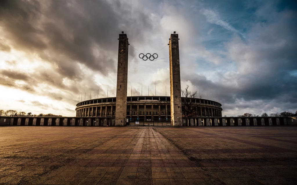 Olympic Rings Stadium Cloudy Sky Architecture
