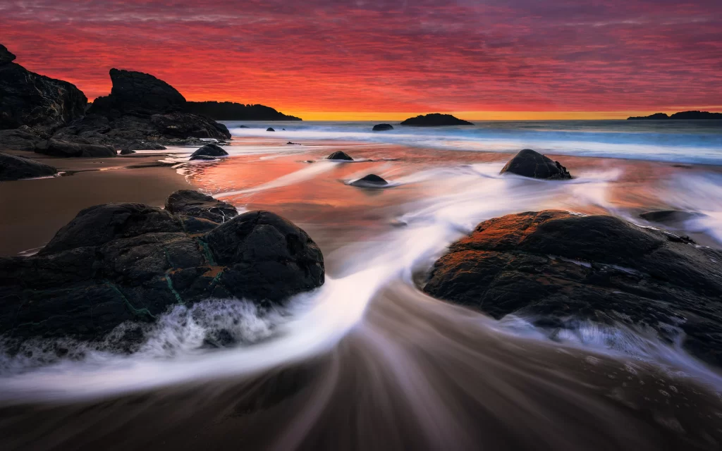 Sunset Ocean Waves Beach Rocky Shoreline