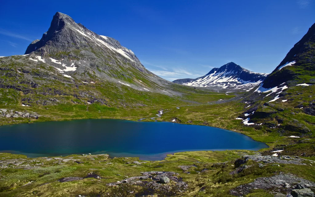 Mountainous Landscape Clear Sky Snow Peaks Tranquil Lake