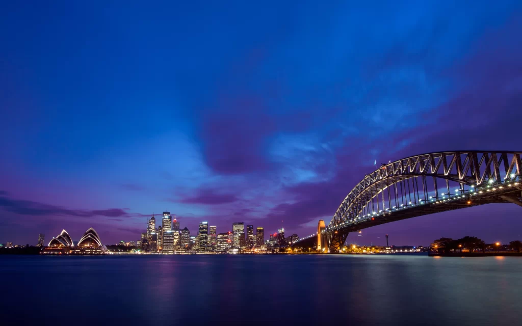 Twilight Cityscape Bridge Water Skyscrapers