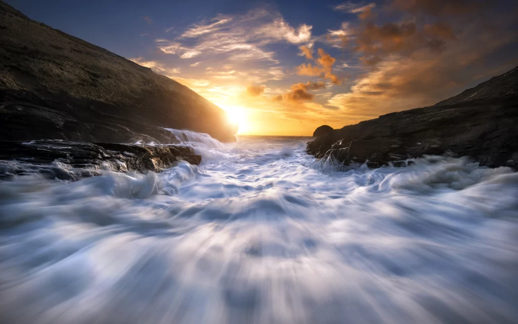 Sunset Ocean Waves Rocks Dramatic Sky