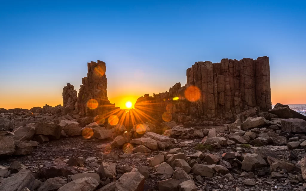 Sunset Rocky Landscape Dramatic Sky Ocean Horizon