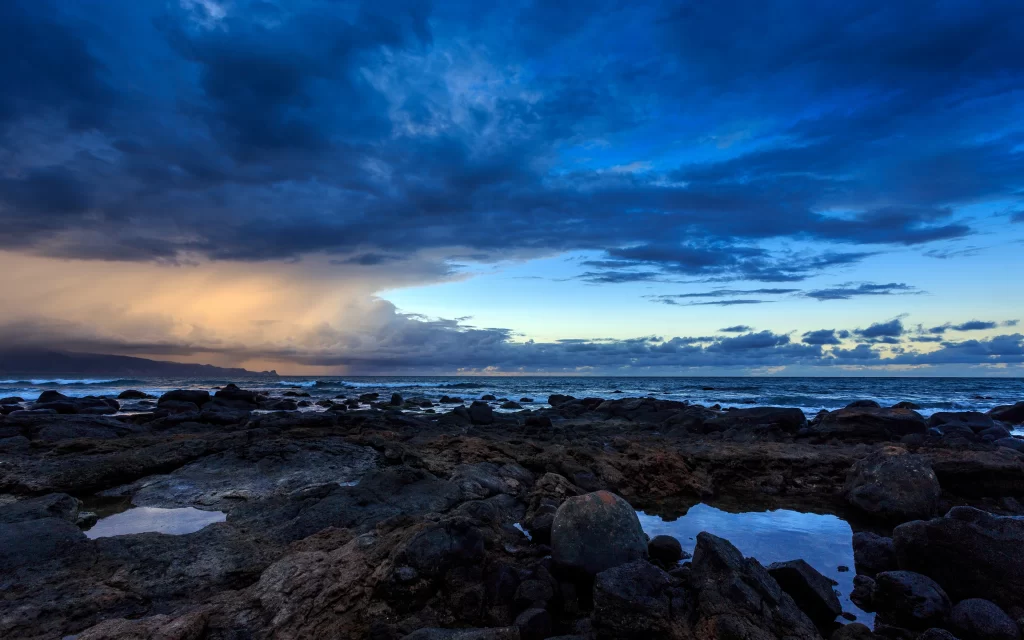 Stormy Sky Rocky Shoreline Ocean Waves Clouds