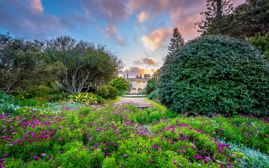 Garden Blooming Flowers Pathway Mansion Sunset