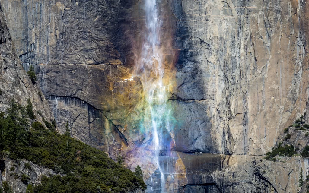 Rainbow Waterfall Granite Cliffs Misty Atmosphere