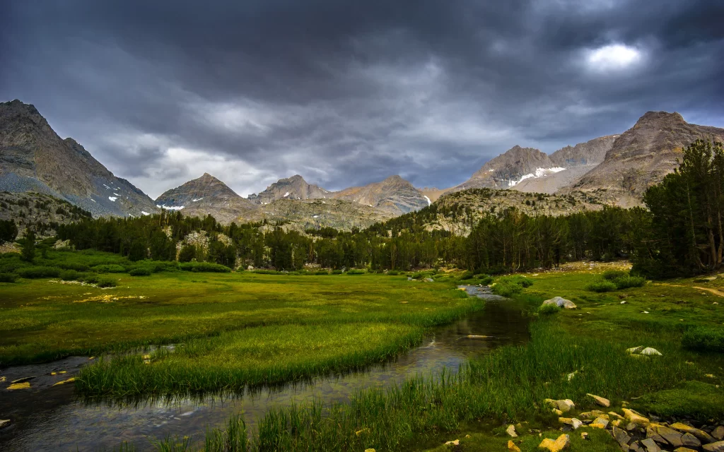 Mountainous Landscape River Forest Cloudy Sky