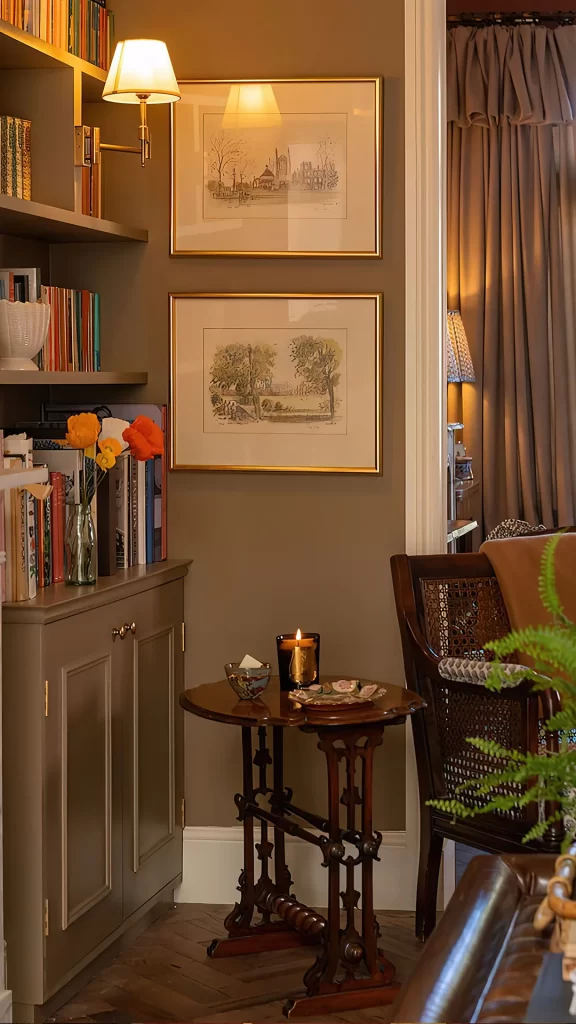 Warm Interior Nook with Bookshelves and Candle on Wooden Side Table