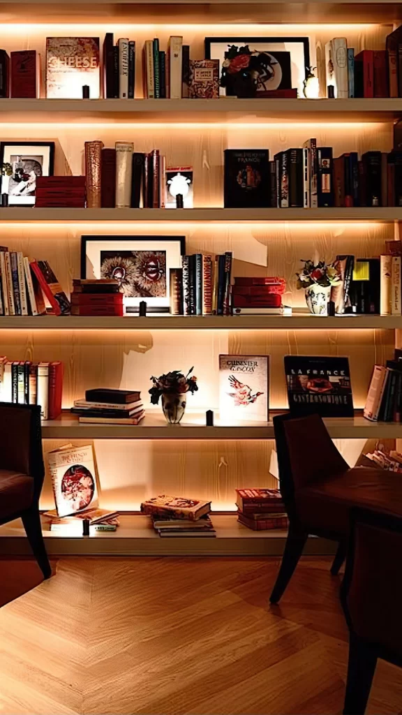 Warm Lit Modern Wooden Bookshelf Library
