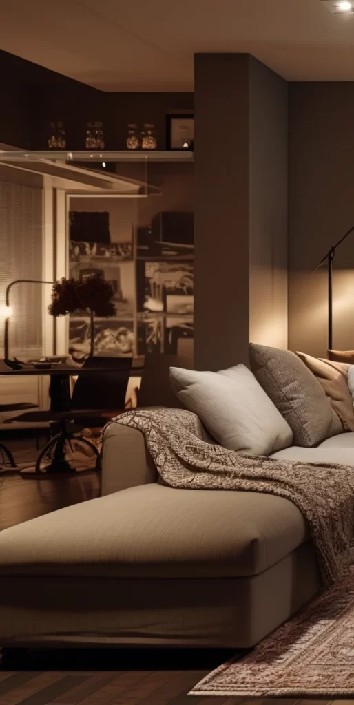 Warmly Lit Contemporary Living Room With Plush Furnishings