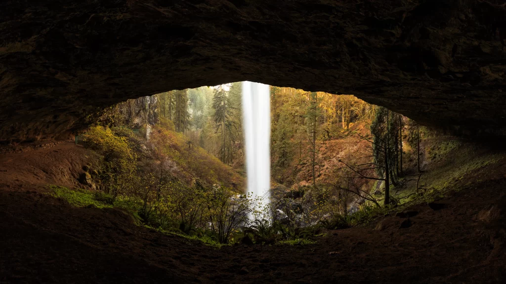 waterfall cave nature forest autumn sunlight