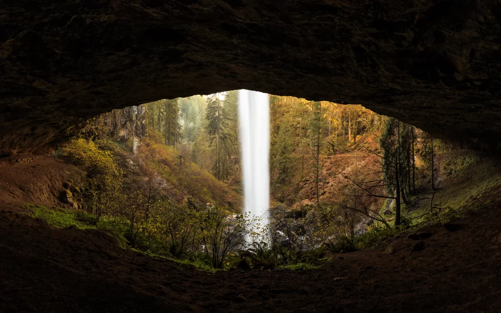 waterfall cave nature forest autumn sunlight