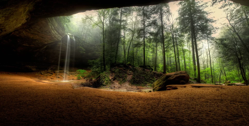 waterfall forest cave sunlight mist nature