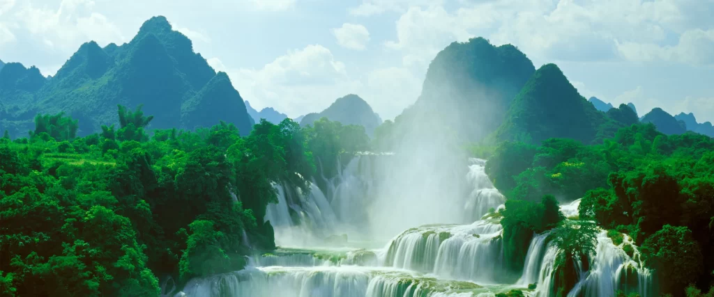 Waterfall Mountains Greenery Mist Nature Serene