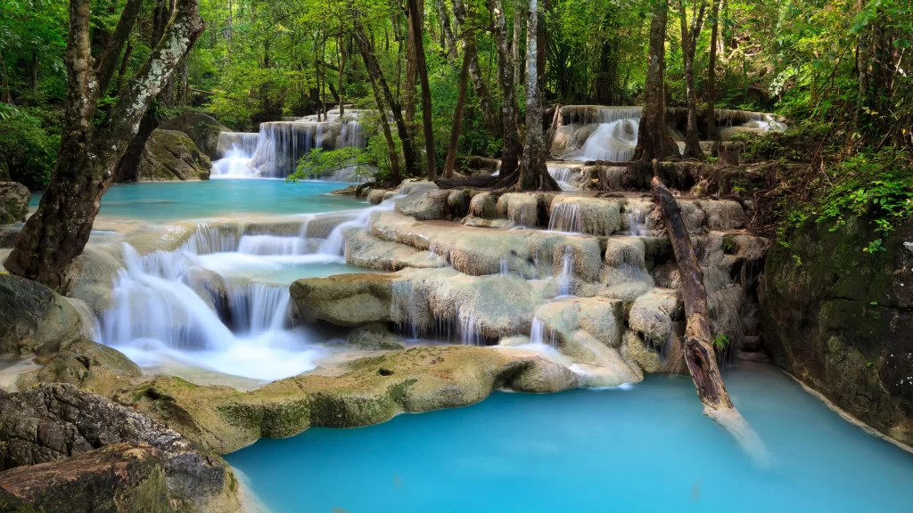 waterfall nature forest blue rocks serene