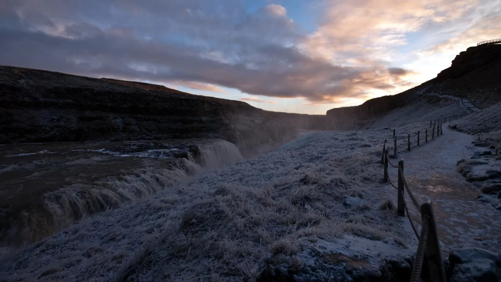 waterfall snow clouds sunset landscape fence
