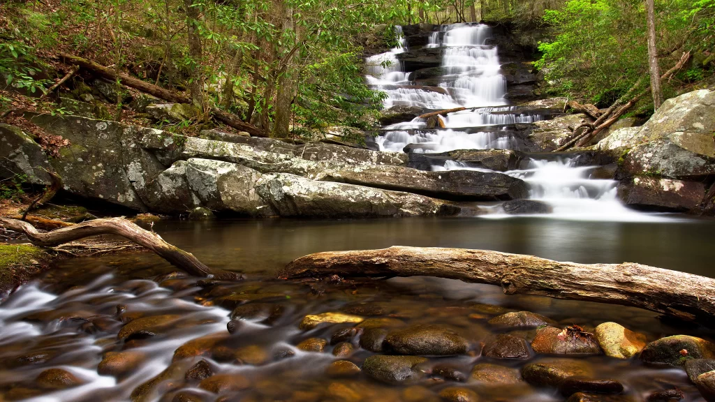 waterfall stream rocks trees nature tranquility