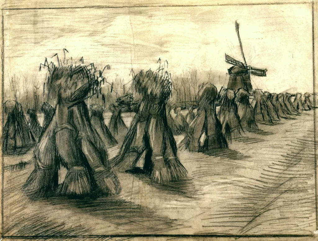 Wheat Field with Sheaves and a Windmill Van Gogh