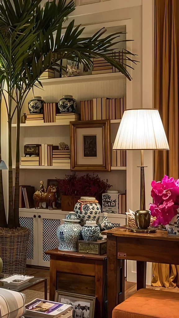 White Built-In Bookshelf with Blue Porcelain Jars and Potted Plant
