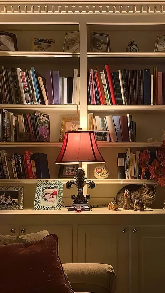 White Built-In Bookshelf with Table Lamp and Ceramic Cat Figurines