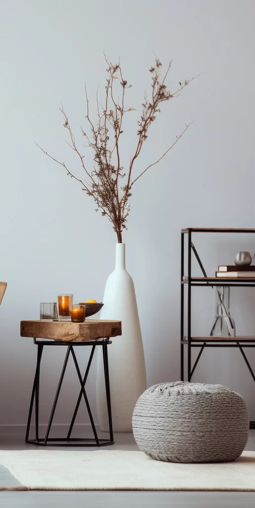 White Ceramic Vase with Dried Branches and Side Table