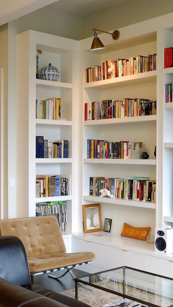White Corner Bookshelf with Tan Leather Lounge Chair