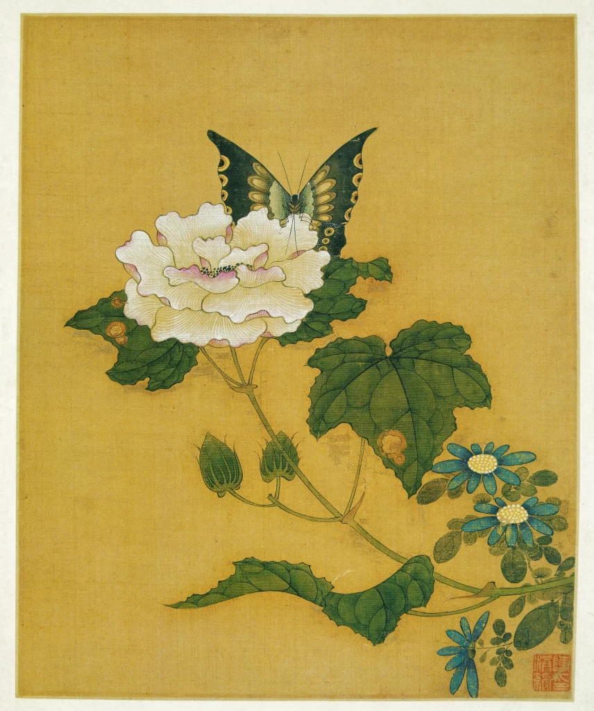 White Hibiscus Swallowtail Butterfly Blue Aster Chen Hongshou
