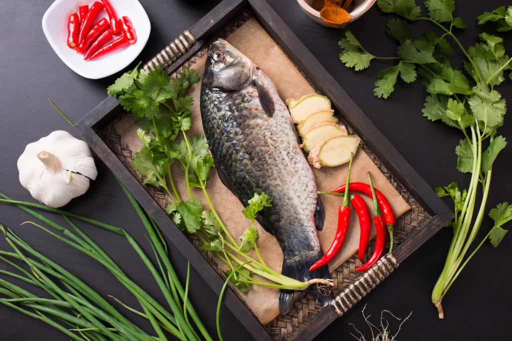 Whole Fish Fresh Green Herbs Red Chilies