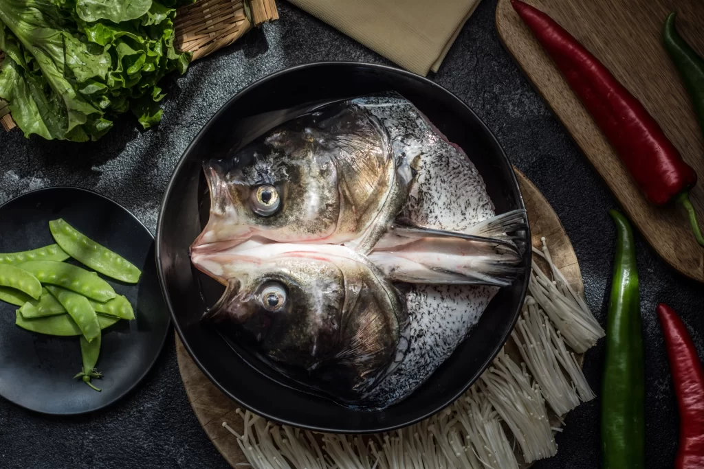 Whole Fish Fresh Green Peas Red Chilies White Enoki Mushrooms