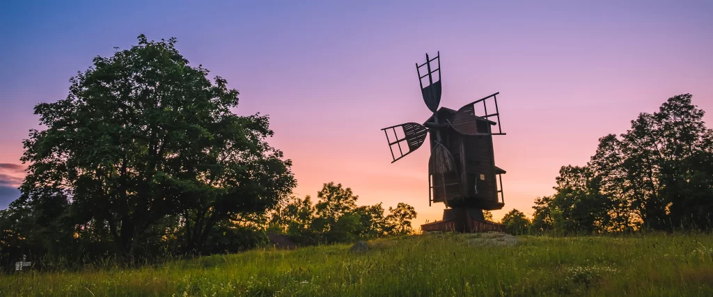 Windmill Sunset Grass Trees Sky Silhouette