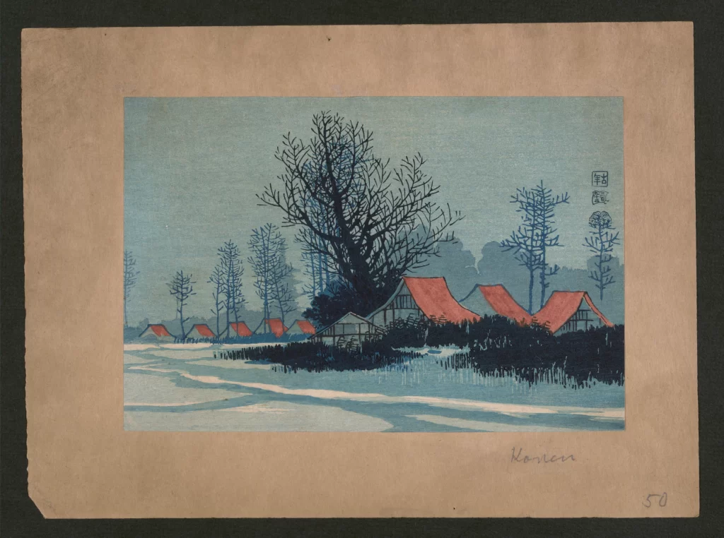 Winter Landscape Traditional Houses Bare Trees Blue Tones Red Roofs Japanese Art