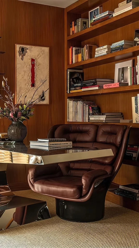 Wood Paneled Study with Brown Leather Armchair and Metallic Desk