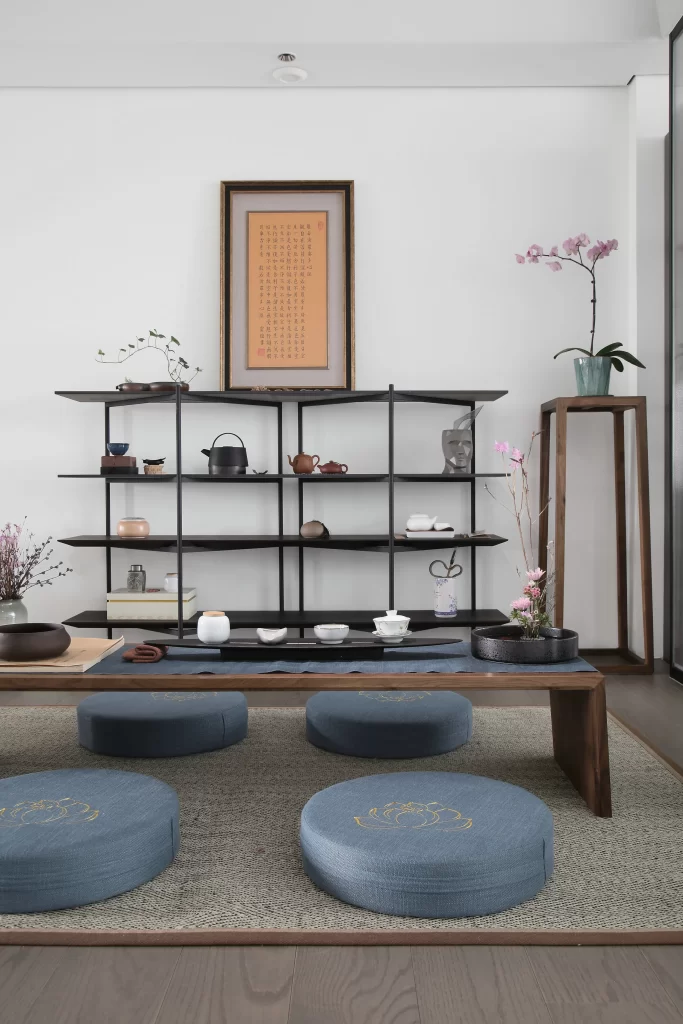 Zen Tea Room Natural Wood Blue Accents Low Table Floor Cushions