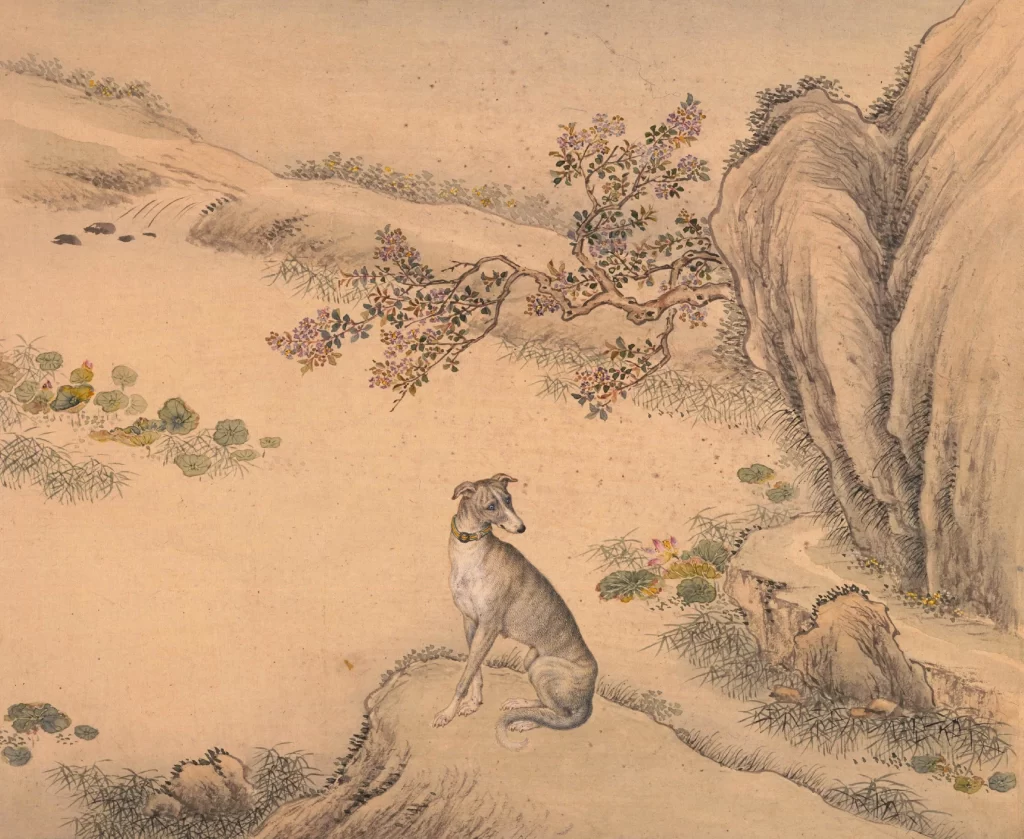 Hound Dog Flowers Rocks Ink Wash Traditional Ai Qimeng