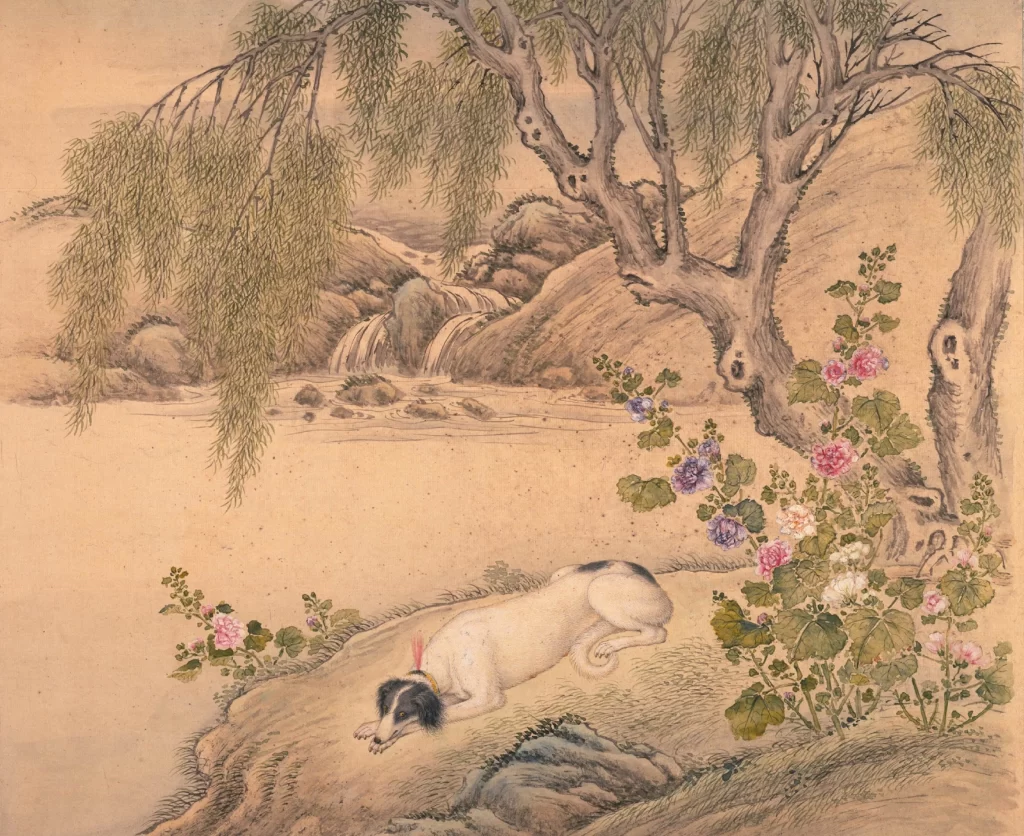 Hound Dog Flowers Willow Waterfall Traditional Ai Qimeng